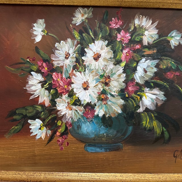 1960s Bursting Daises Floral Oil Painting in Wooden White & Gold Frame For Sale - Image 4 of 8