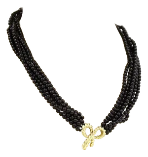 Tiffany & Co. 18k Yellow Gold Bow Pendant Multi-Strand Onyx Bead Necklace