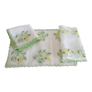 Vintage Organdy Embroidered Mats, Napkins and Runners - 8 Place Settings For Sale