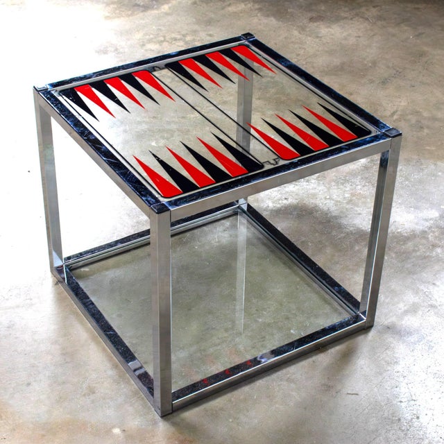 Mid-20th Century Mid Century Modern Game End or Side Table Chrome Cube Frame & Backgammon Glass Top For Sale - Image 17 of 18