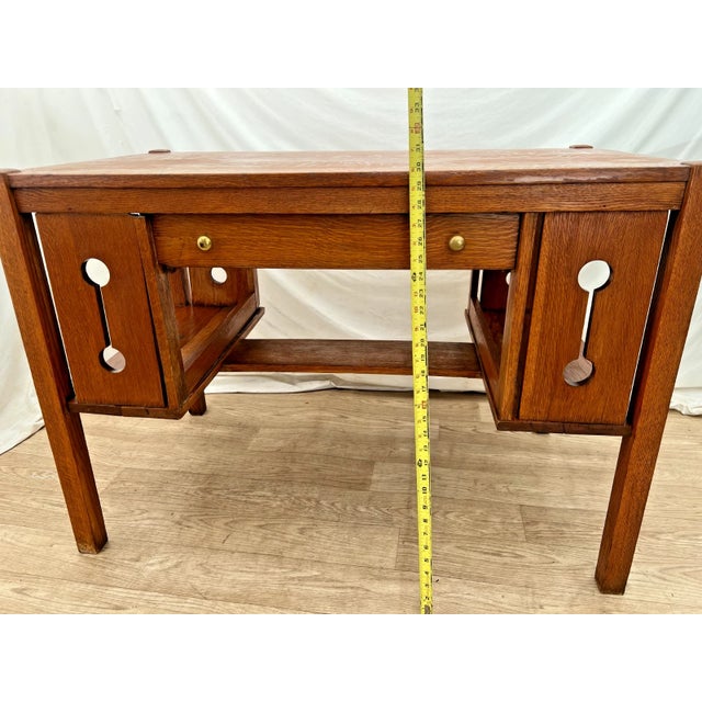 Brown Antique Mission Arts and Crafts Library Desk, Drawer, Tiger Oak, Side Shelves For Sale - Image 8 of 12