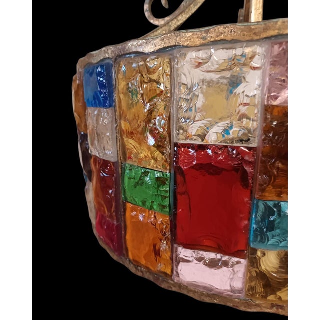 Metal Wrought Iron and Hammered Glass Pendant Light by Longobard, Italy, 1970s For Sale - Image 7 of 10