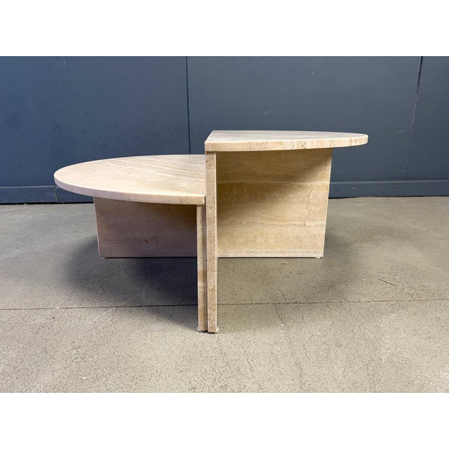 Pair of half round travertine coffee tables with a beautiful natural pattern. Very good condition 1970s - Italy...