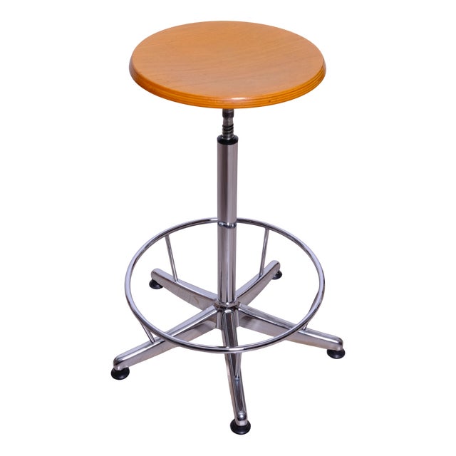 Industrial Adjustable Office Stool in Metal with Wooden Seat For Sale