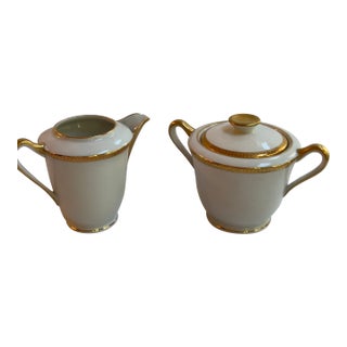 Vintage 1950s Limoges France Creamer and Sugar Bowl With Lid by Cenpor in Classic White and Gold Trim Set For Sale