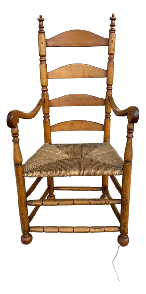 Early 20th Century Antique Early American Primitive Style Maple High Ladder Back Rush Seat Armchair.