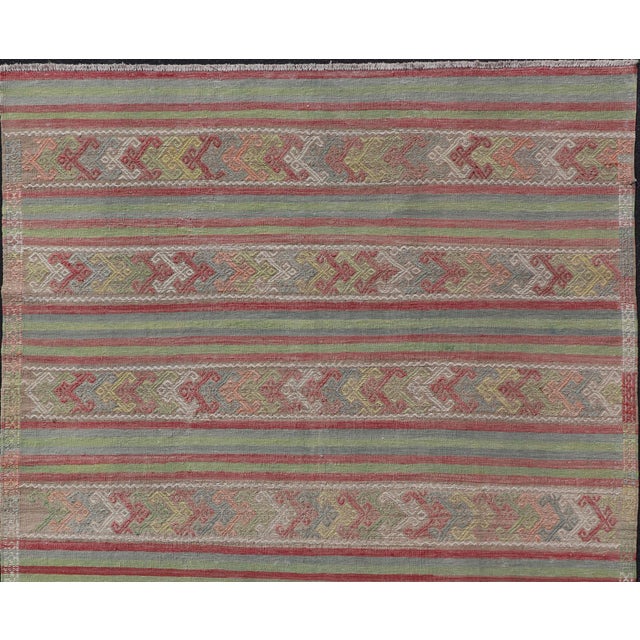 Colorful Vintage Embroidered Kilim With Stripes and Alternating Geometric Motifs For Sale - Image 9 of 12