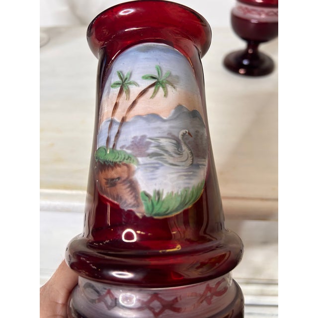 Pair of Hand Enameled Cranberry Bohemian Glass Vases For Sale - Image 11 of 11