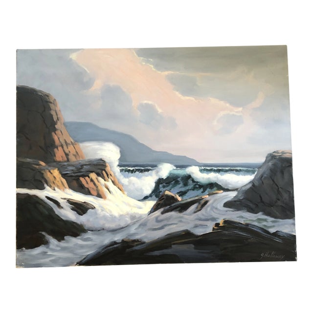 Original Vintage Modernist Seascape Painting Signed For Sale