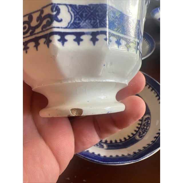 Mid 19th Century 12 Antique Blue Transfer Decorated Cup & Saucers, "Dagger Border" by J. Wedgwood For Sale - Image 6 of 12