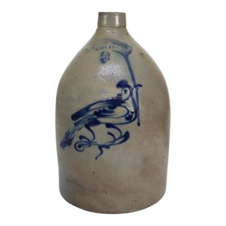 West Troy Pottery Salt Glazed Stoneware Jug With Bird Signed C1870 For Sale