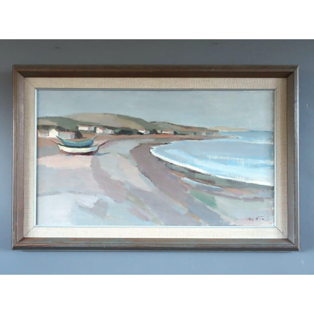 CALM COAST Size: 18.9 x 29.1 inches (including frame) Oil on canvas A soothing mid-century coastal landscape that captures...