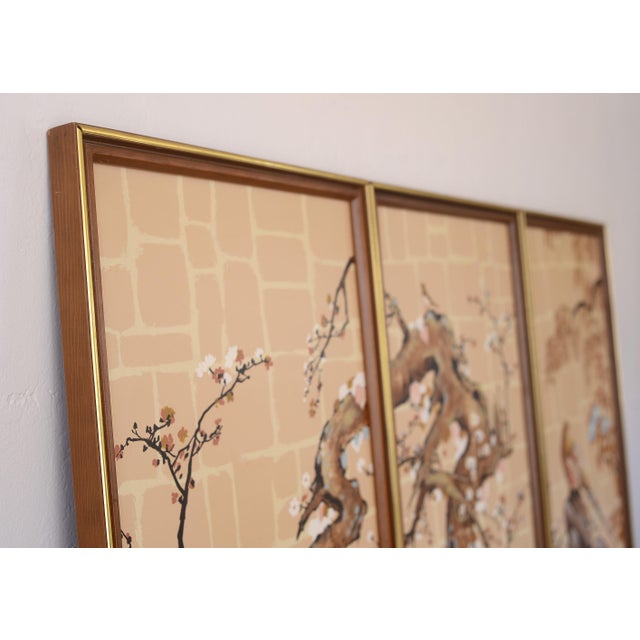 Wood Vintage Japanese Botanical & Birds Triptych Paintings For Sale - Image 7 of 16