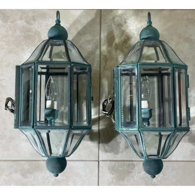 Pair of Vintage Solid Brass & Beveled Glass Wall Lantern - Sconces - Verdigris For Sale - Image 13 of 14