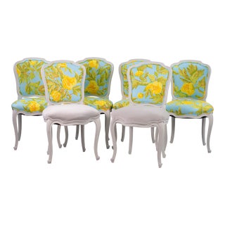 Set of 6 New Scalamandre Upholstery C.1920 Louis XV-style Carved Fruitwood Dining Chairs Upcycled For Sale