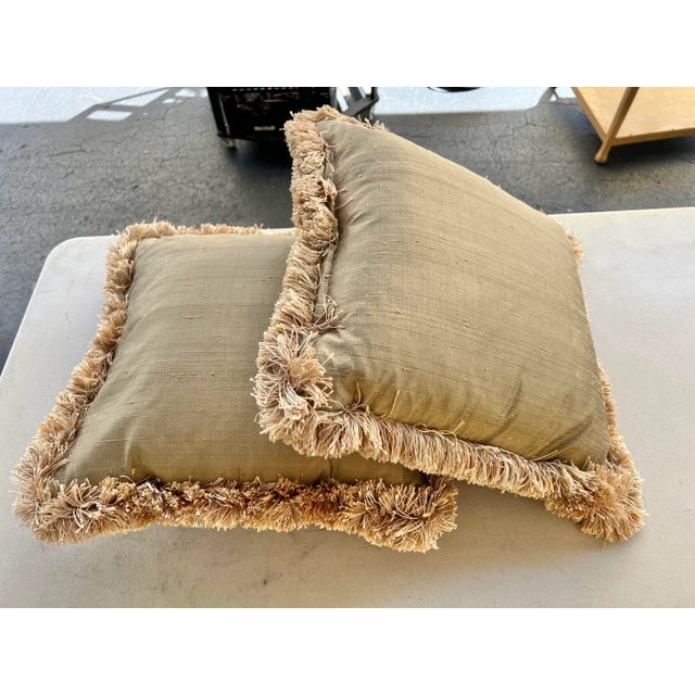 Pair of 2 Silk fabric pillow with fringe. Beautifully made. These look great on a couch or bed.