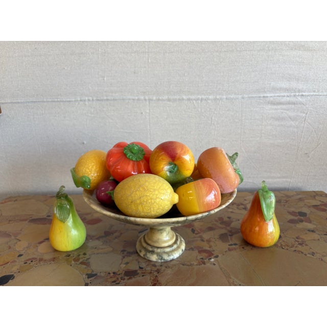 Italian Alabaster Bown With Glass Fruit. Offered is a lovely cream colored decorative Italian alabaster coupe or compote...