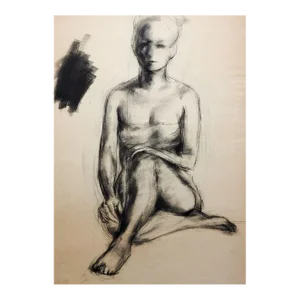 Vintage 1950s Charcoal Seated Female Figure Drawing
