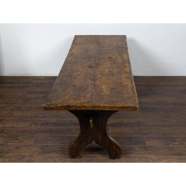 Brown Italian 1800s Walnut Farm Table with Carved Legs, Stretcher and Weathered Patina For Sale - Image 8 of 12