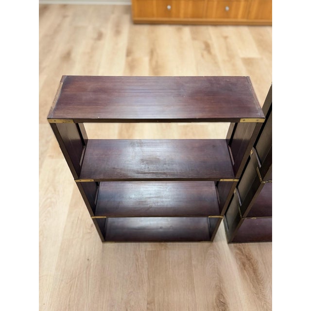 Bombay Company Campaign Style Shelf Pair Brass Trim Vintage Traditional For Sale - Image 4 of 18