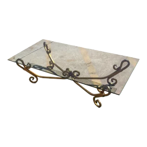 Gold-Tone Gilded Wrought Iron Hollywood Regency Cocktail Table W/ Glass Top