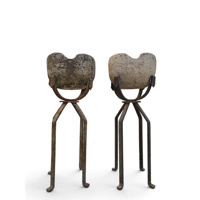 19th Century Carved Stone Planters on Wrought Iron Stands, 1880, Set of 2 For Sale - Image 4 of 10