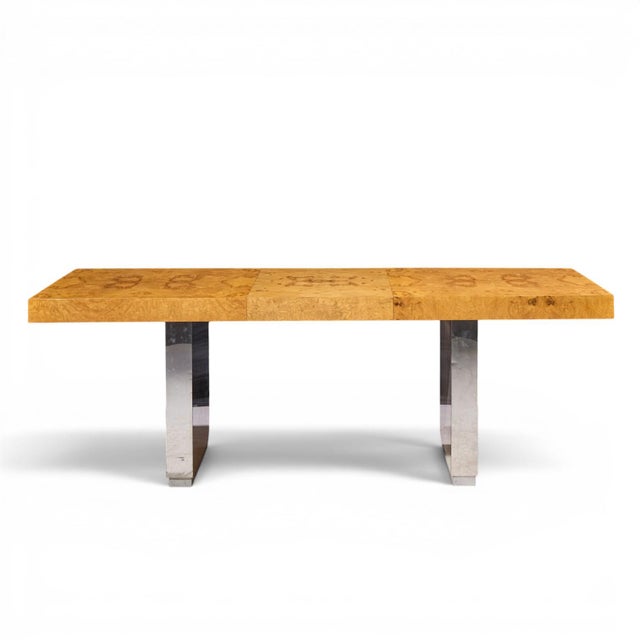 Roger Sprunger for Dunbar Mid Century Burlwood and Chrome Expanding Dining Table With 2 Leaves For Sale - Image 10 of 13