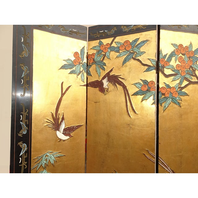 1950s Vintage Oriental Asian Gold Four Panel Screen Room Divider Coromandel W Birds For Sale - Image 5 of 12