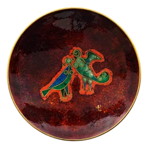 Cloisonne and Red Enamel Bronze Dish with Abstract Birds by Walter Lochmüller, 1970s
