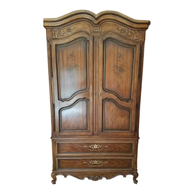 Vintage Drexel Heritage Brittany Collection Louis XV French Provincial Armoire Carved Wood Wardrobe For Sale