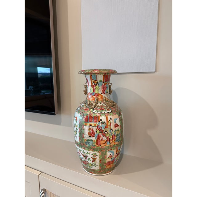 Chinoiserie 19th C. Chinese Famille Rose-Style Porcelain Vase With Figural Scenes and Gilt Handles For Sale - Image 3 of 17