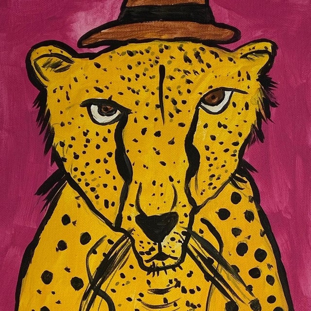 Jaguar on bright pink background wearing a hat. Original folk art acrylic painting by artist Morgan Evans. I know most...
