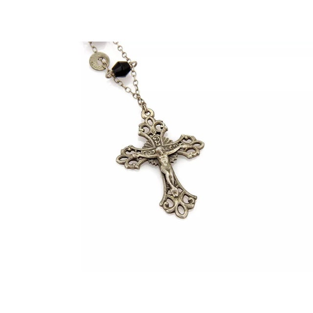 Contemporary Onyx Beads 800 Silver Cross Rosary Pendant Necklace For Sale - Image 3 of 8