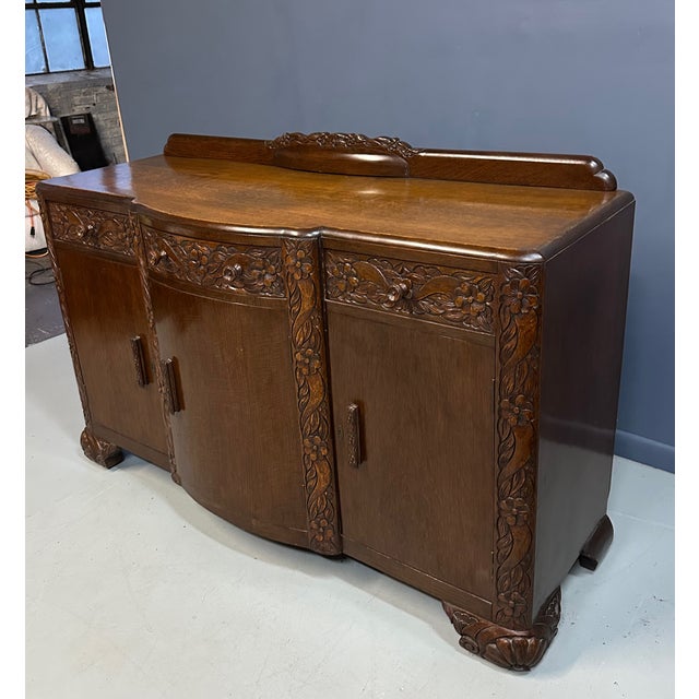 Art Nouveau 1920s Art Nouveau English Carved Sideboard in Oak For Sale - Image 3 of 11
