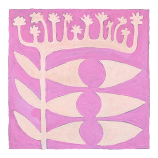 Peculiar Bloom - Pink Abstract Folk Art Floral Mixed Media Painting on Raw Canvas by Meredith Walker For Sale