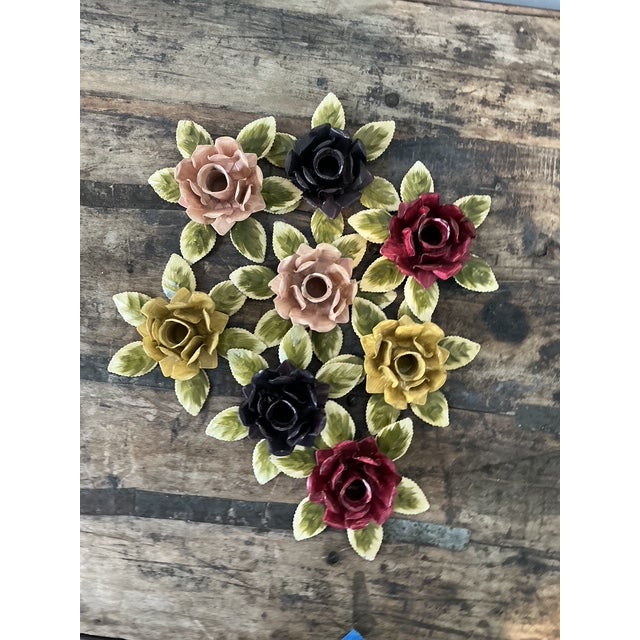 Late 20th Century Vintage Hand Painted Tole Roses Candle Holders - Set of 8 For Sale - Image 5 of 12