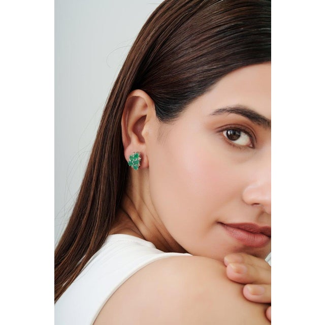 Vintage Inspired Emerald & Diamond Cluster Stud Earrings in 925 Silver, a Pair For Sale - Image 10 of 14