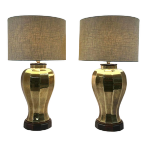 Pair of Brass Faceted Table Lamps on Wood Bases