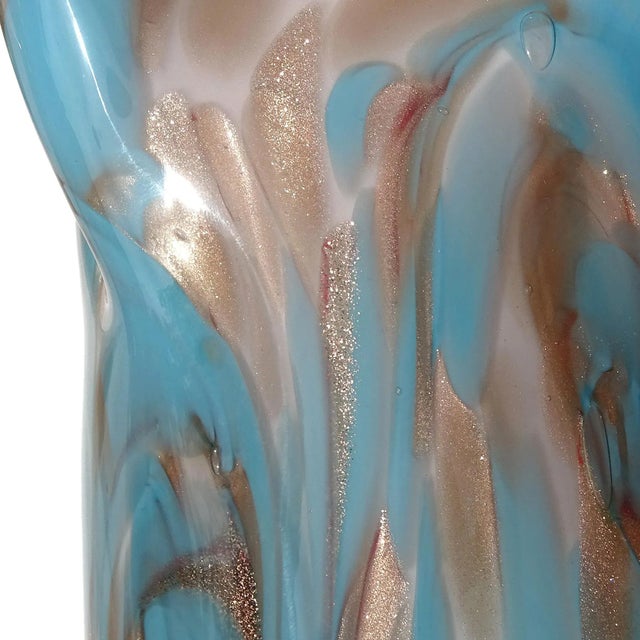 Sky Blue Vintage Murano Fratelli Toso Blue Copper Aventurine Flecks Swirling Clouds Italian Art Glass Flower Vase For Sale - Image 8 of 9