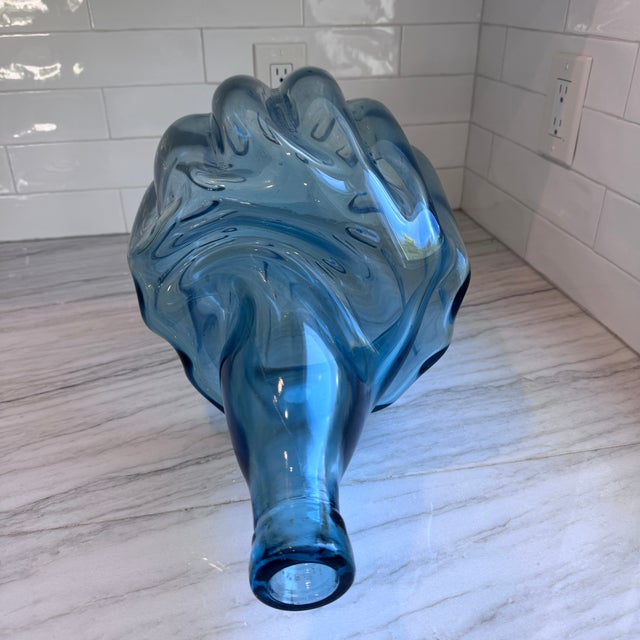 Vintage Sculptural Aqua Blue Glass Demijohn Bottle Large MCM Style Art Glass Vase For Sale - Image 13 of 16