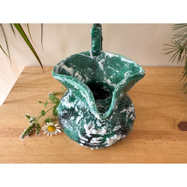 Vintage Sculptural Green Lava Glaze Ceramic Ewer With Scroll Handle For Sale - Image 14 of 18