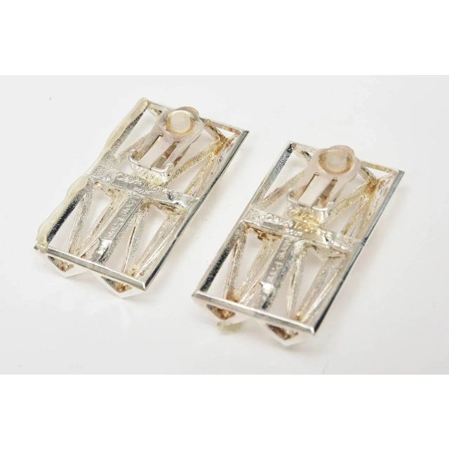 Modern Vintage Claude Montana Silver Plate Geometric Sculptural Runway Clip On Earrings - 2 Pieces For Sale - Image 3 of 10
