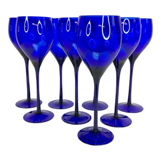 1940s Art Deco Hollywood Regency Extra-Tall Crystal Wine Glasses - Set of 8. For Sale