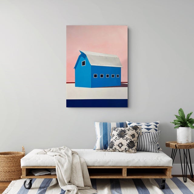 Barn, Palette #5 by Justin Wheatley | Acrylic on Canvas Blue Barn With Pink Sky For Sale - Image 9 of 10