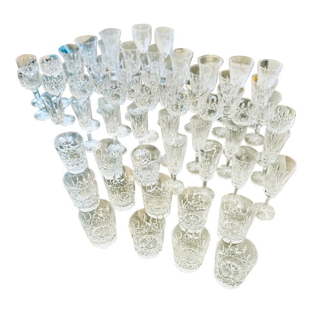 1970s Waterford Lismore Pattern Hand Cut Crystal Glassware Set- 61 Pieces For Sale