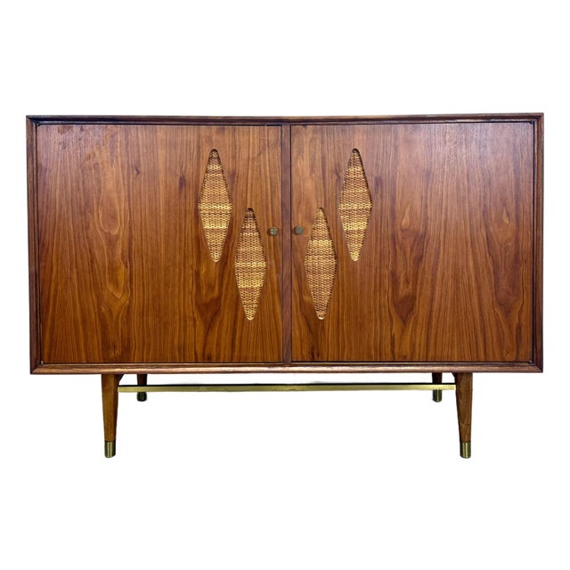 Mid Century Modern Walnut, Cane & Brass Credenza / Media Stereo Cabinet Restored For Sale