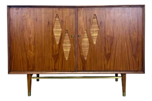 Mid Century Modern Walnut, Cane & Brass Credenza / Media Stereo Cabinet Restored