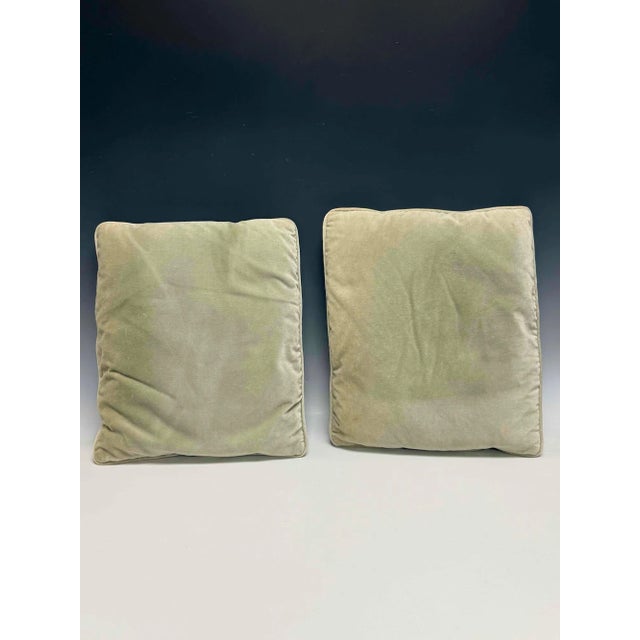 Exquisite Aubusson needlepoint pillows with mint green velvet verso and in good condition. Some fading and discoloration...