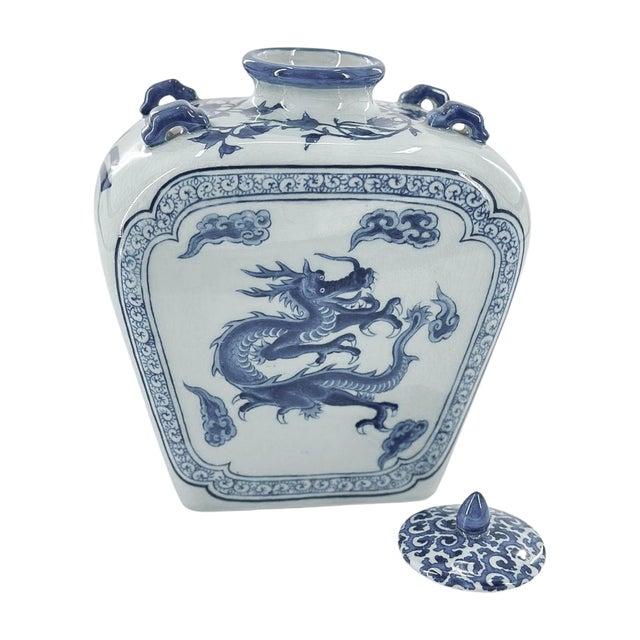 Mid 20th Century Blue & White Dragon Temple Jar With Lid For Sale - Image 5 of 6