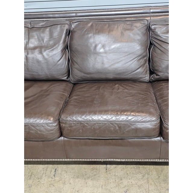 Animal Skin Hancock & Moore Brown Leather Sofa Nailhead Trim Three Cushions For Sale - Image 7 of 14